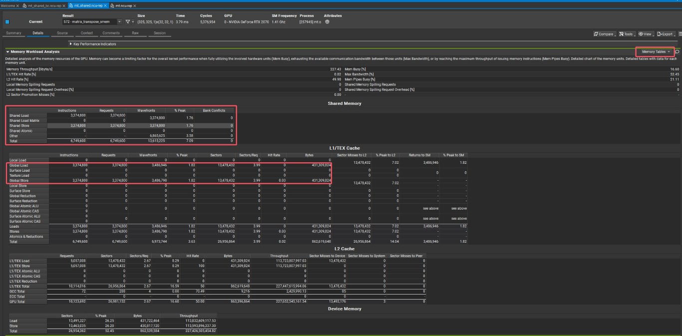 观察Memroy Workload Analysis内的Memory Table